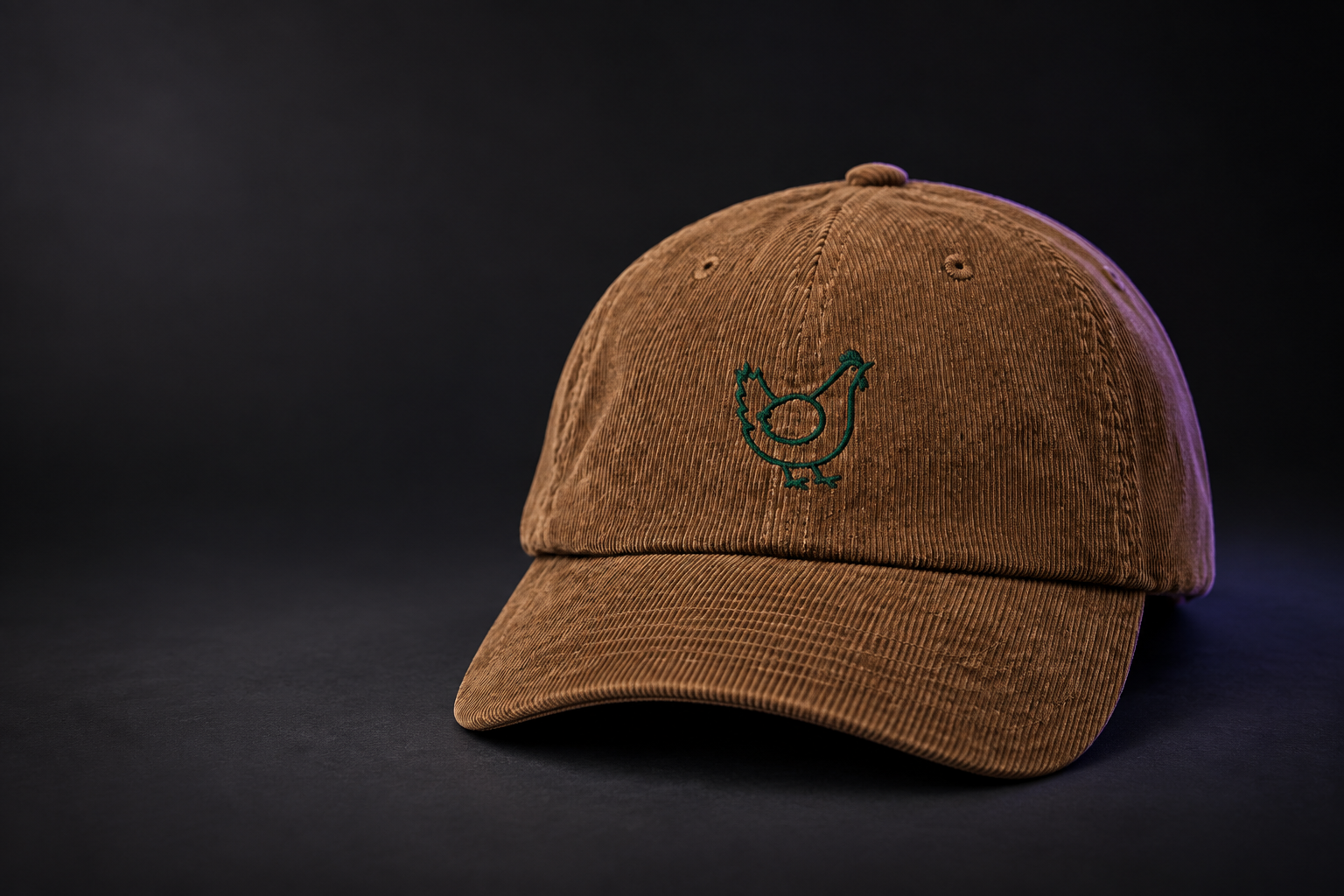 Brown corduroy Awkward Dog Chicken Hat with green embroidered chicken